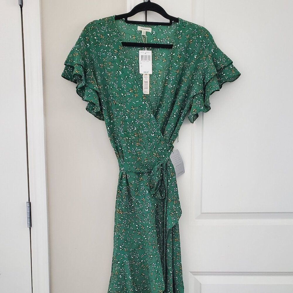 Max Studio Ruffle Wrap Midi Dress Floral Green Stretchy Size S NWT